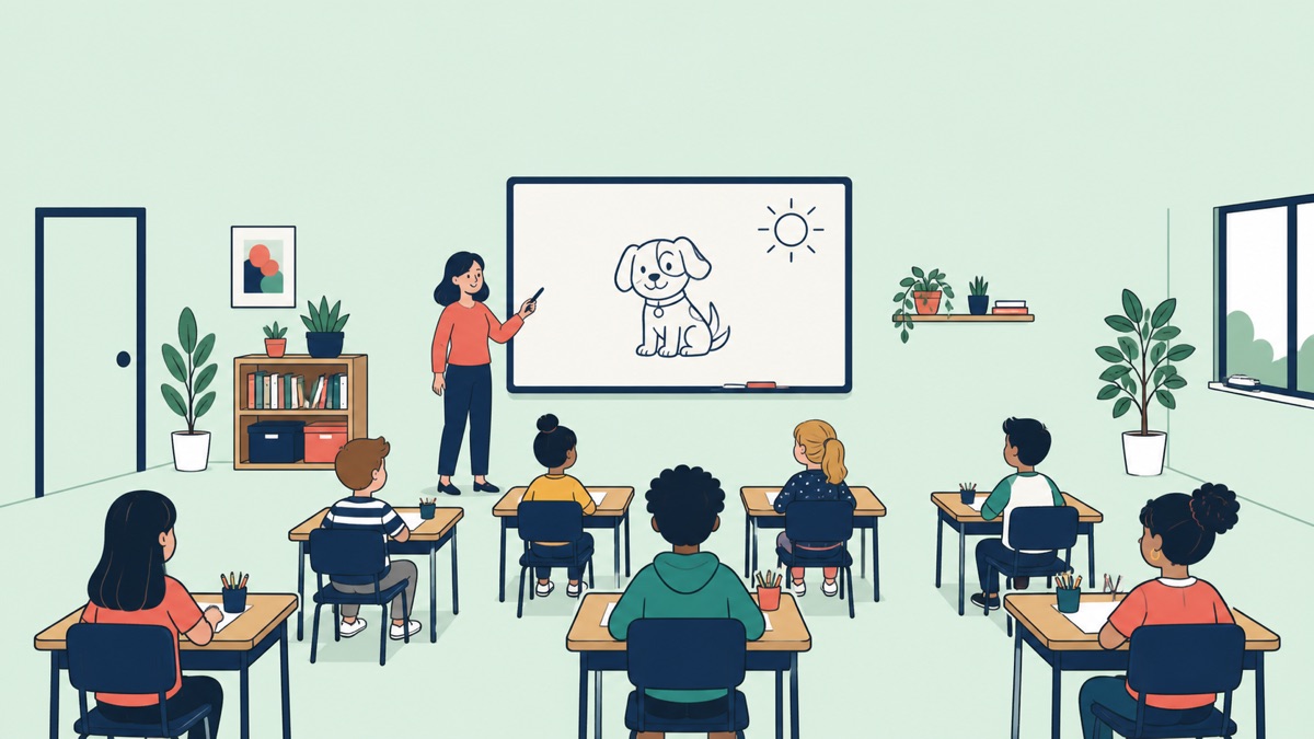 Teacher and students playing a drawing and guessing game in an ESL classroom