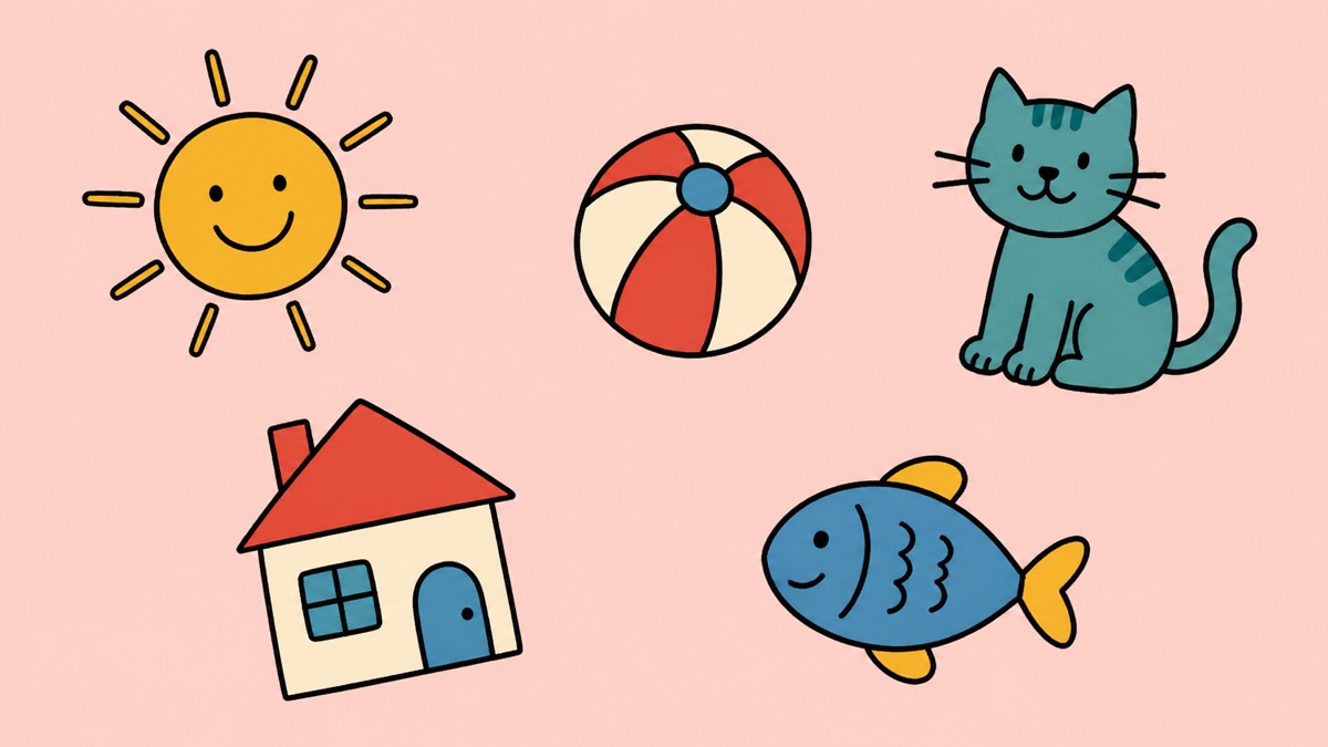 Three children drawing a circle, square, sun, and fish with bright markers