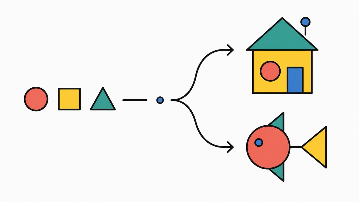 Basic shapes combining into a simple house and fish on a drawing board