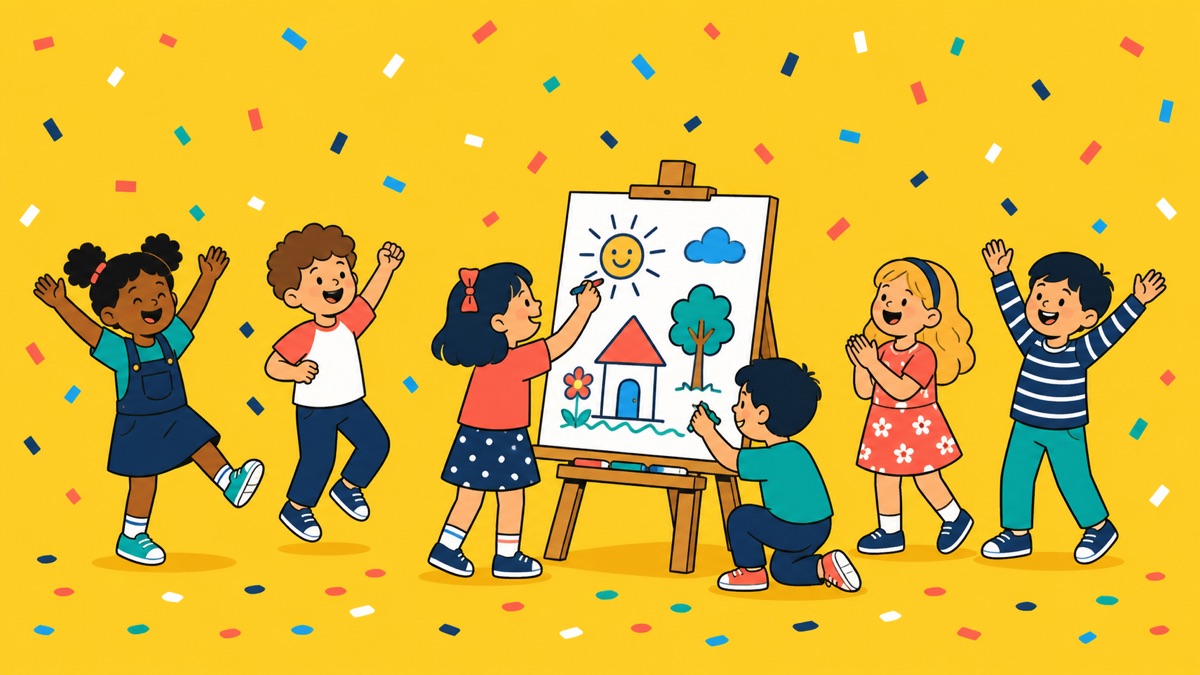 Children cheering while a friend draws a cat at a birthday party